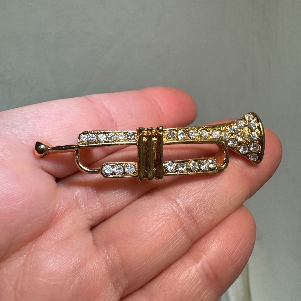 Vintage Gold Tone Trumpet Brooch Pin With Rhinestone Accents